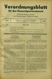 Verordnungsblatt für das Generalgouvernement = Dziennik Rozporządzeń dla Generalnego Gubernatorstwa. 1941, Nr. 15 (11 März) + zał.