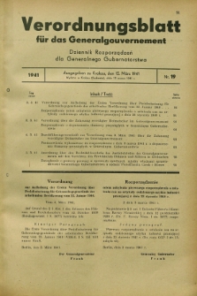 Verordnungsblatt für das Generalgouvernement = Dziennik Rozporządzeń dla Generalnego Gubernatorstwa. 1941, Nr. 19 (15 März)