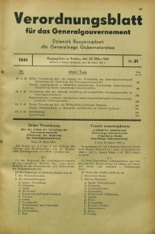 Verordnungsblatt für das Generalgouvernement = Dziennik Rozporządzeń dla Generalnego Gubernatorstwa. 1941, Nr. 21 (20 März)