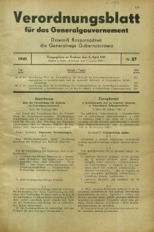 Verordnungsblatt für das Generalgouvernement = Dziennik Rozporządzeń dla Generalnego Gubernatorstwa. 1941, Nr. 27 (4 April) + zał.