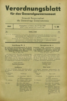 Verordnungsblatt für das Generalgouvernement = Dziennik Rozporządzeń dla Generalnego Gubernatorstwa. 1941, Nr. 30 (17 April) + zał.