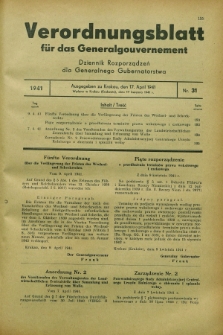 Verordnungsblatt für das Generalgouvernement = Dziennik Rozporządzeń dla Generalnego Gubernatorstwa. 1941, Nr. 31 (17 April)