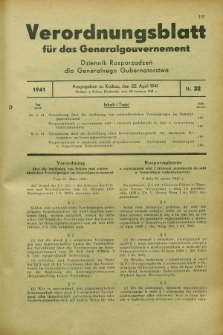 Verordnungsblatt für das Generalgouvernement = Dziennik Rozporządzeń dla Generalnego Gubernatorstwa. 1941, Nr. 32 (22 April)
