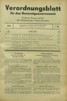 Verordnungsblatt für das Generalgouvernement = Dziennik Rozporządzeń dla Generalnego Gubernatorstwa. 1941, Nr. 36 (29 April)