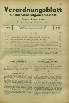 Verordnungsblatt für das Generalgouvernement = Dziennik Rozporządzeń dla Generalnego Gubernatorstwa. 1941, Nr. 37 (30 April)