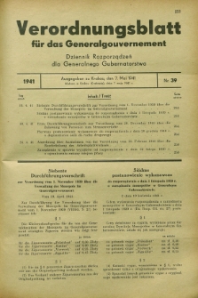 Verordnungsblatt für das Generalgouvernement = Dziennik Rozporządzeń dla Generalnego Gubernatorstwa. 1941, Nr. 39 (7 Mai)