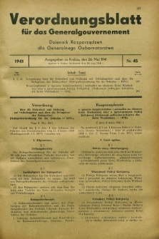 Verordnungsblatt für das Generalgouvernement = Dziennik Rozporządzeń dla Generalnego Gubernatorstwa. 1941, Nr. 45 (26 Mai)