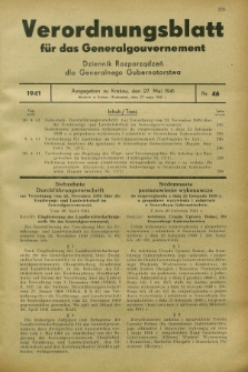 Verordnungsblatt für das Generalgouvernement = Dziennik Rozporządzeń dla Generalnego Gubernatorstwa. 1941, Nr. 46 (27 Mai)