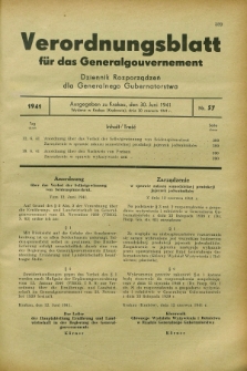 Verordnungsblatt für das Generalgouvernement = Dziennik Rozporządzeń dla Generalnego Gubernatorstwa. 1941, Nr. 57 (30 Juni)