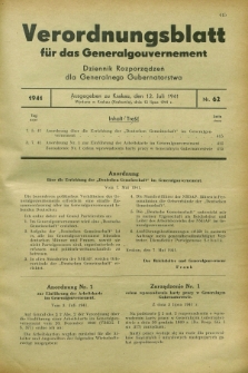 Verordnungsblatt für das Generalgouvernement = Dziennik Rozporządzeń dla Generalnego Gubernatorstwa. 1941, Nr. 62 (12 Juli)