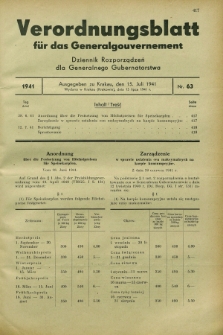 Verordnungsblatt für das Generalgouvernement = Dziennik Rozporządzeń dla Generalnego Gubernatorstwa. 1941, Nr. 63 (15 Juli)
