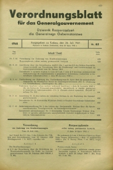 Verordnungsblatt für das Generalgouvernement = Dziennik Rozporządzeń dla Generalnego Gubernatorstwa. 1941, Nr. 65 (24 Juli) + zał.