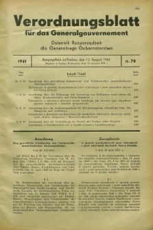Verordnungsblatt für das Generalgouvernement = Dziennik Rozporządzeń dla Generalnego Gubernatorstwa. 1941, Nr. 70 (12 August)