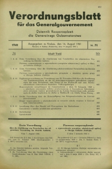 Verordnungsblatt für das Generalgouvernement = Dziennik Rozporządzeń dla Generalnego Gubernatorstwa. 1941, Nr. 71 (14 August)
