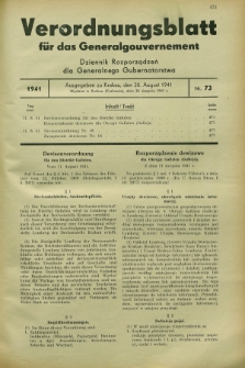 Verordnungsblatt für das Generalgouvernement = Dziennik Rozporządzeń dla Generalnego Gubernatorstwa. 1941, Nr. 73 (20 August)