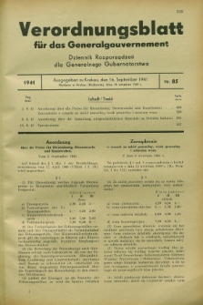 Verordnungsblatt für das Generalgouvernement = Dziennik Rozporządzeń dla Generalnego Gubernatorstwa. 1941, Nr. 85 (16 September)