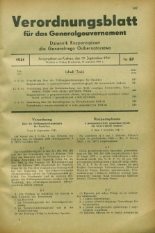 Verordnungsblatt für das Generalgouvernement = Dziennik Rozporządzeń dla Generalnego Gubernatorstwa. 1941, Nr. 87 (19 September)