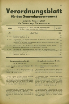 Verordnungsblatt für das Generalgouvernement = Dziennik Rozporządzeń dla Generalnego Gubernatorstwa. 1941, Nr. 89 (30 September)