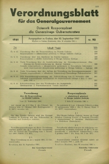 Verordnungsblatt für das Generalgouvernement = Dziennik Rozporządzeń dla Generalnego Gubernatorstwa. 1941, Nr. 90 (30 September)