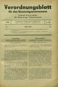 Verordnungsblatt für das Generalgouvernement = Dziennik Rozporządzeń dla Generalnego Gubernatorstwa. 1941, Nr. 92 (7 Oktober)