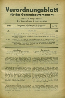 Verordnungsblatt für das Generalgouvernement = Dziennik Rozporządzeń dla Generalnego Gubernatorstwa. 1941, Nr. 94 (15 Oktober)