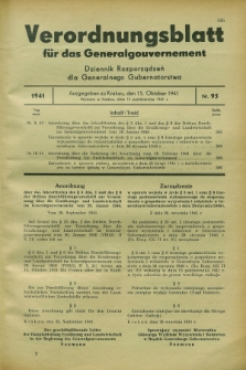 Verordnungsblatt für das Generalgouvernement = Dziennik Rozporządzeń dla Generalnego Gubernatorstwa. 1941, Nr. 95 (15 Oktober)
