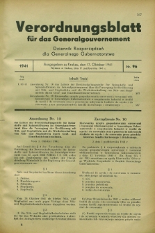 Verordnungsblatt für das Generalgouvernement = Dziennik Rozporządzeń dla Generalnego Gubernatorstwa. 1941, Nr. 96 (17 Oktober)
