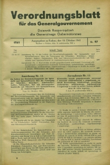 Verordnungsblatt für das Generalgouvernement = Dziennik Rozporządzeń dla Generalnego Gubernatorstwa. 1941, Nr. 97 (18 Oktober)