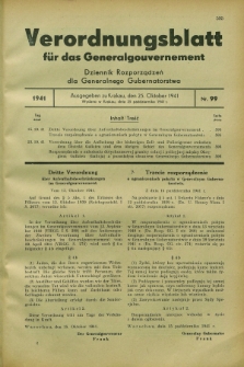 Verordnungsblatt für das Generalgouvernement = Dziennik Rozporządzeń dla Generalnego Gubernatorstwa. 1941, Nr. 99 (25 Oktober)