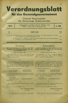 Verordnungsblatt für das Generalgouvernement = Dziennik Rozporządzeń dla Generalnego Gubernatorstwa. 1941, Nr. 100 (25 Oktober) + zał.
