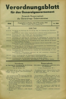 Verordnungsblatt für das Generalgouvernement = Dziennik Rozporządzeń dla Generalnego Gubernatorstwa. 1941, Nr. 104 (8 November)