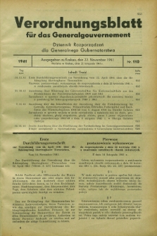 Verordnungsblatt für das Generalgouvernement = Dziennik Rozporządzeń dla Generalnego Gubernatorstwa. 1941, Nr. 110 (22 November)