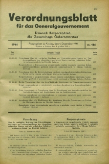 Verordnungsblatt für das Generalgouvernement = Dziennik Rozporządzeń dla Generalnego Gubernatorstwa. 1941, Nr. 114 (4 Dezember)