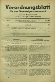Verordnungsblatt für das Generalgouvernement = Dziennik Rozporządzeń dla Generalnego Gubernatorstwa. 1941, Nr. 116 (9 Dezember)