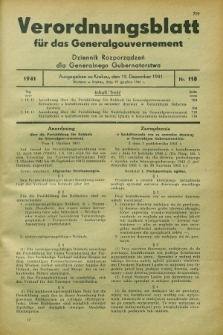 Verordnungsblatt für das Generalgouvernement = Dziennik Rozporządzeń dla Generalnego Gubernatorstwa. 1941, Nr. 118 (19 Dezember)