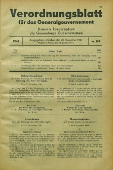 Verordnungsblatt für das Generalgouvernement = Dziennik Rozporządzeń dla Generalnego Gubernatorstwa. 1941, Nr. 119 (20 Dezember) + zał.