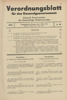 Verordnungsblatt für das Generalgouvernement = Dziennik Rozporządzeń dla Generalnego Gubernatorstwa. 1942, Nr. 19 (2 März)