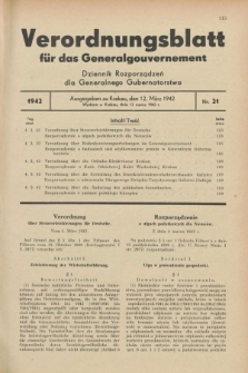 Verordnungsblatt für das Generalgouvernement = Dziennik Rozporządzeń dla Generalnego Gubernatorstwa. 1942, Nr. 21 (12 März)