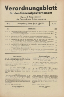 Verordnungsblatt für das Generalgouvernement = Dziennik Rozporządzeń dla Generalnego Gubernatorstwa. 1942, Nr. 27 (31 März)