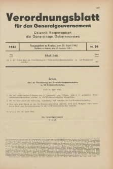 Verordnungsblatt für das Generalgouvernement = Dziennik Rozporządzeń dla Generalnego Gubernatorstwa. 1942, Nr. 30 (20 April)