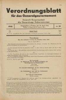 Verordnungsblatt für das Generalgouvernement = Dziennik Rozporządzeń dla Generalnego Gubernatorstwa. 1942, Nr. 33 (29 April)