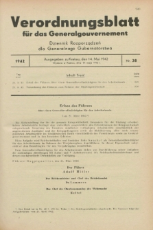 Verordnungsblatt für das Generalgouvernement = Dziennik Rozporządzeń dla Generalnego Gubernatorstwa. 1942, Nr. 38 (14 Mai)