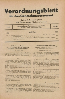Verordnungsblatt für das Generalgouvernement = Dziennik Rozporządzeń dla Generalnego Gubernatorstwa. 1942, Nr. 63 (6 August)