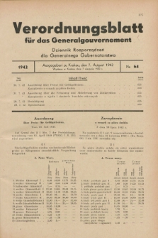 Verordnungsblatt für das Generalgouvernement = Dziennik Rozporządzeń dla Generalnego Gubernatorstwa. 1942, Nr. 64 (7 August)