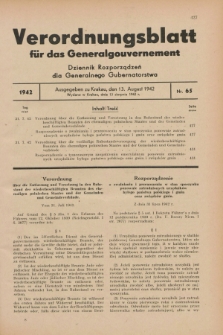 Verordnungsblatt für das Generalgouvernement = Dziennik Rozporządzeń dla Generalnego Gubernatorstwa. 1942, Nr. 65 (13 August)