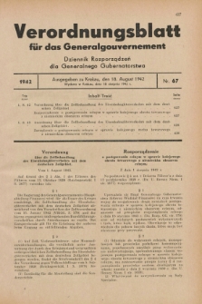 Verordnungsblatt für das Generalgouvernement = Dziennik Rozporządzeń dla Generalnego Gubernatorstwa. 1942, Nr. 67 (18 August)