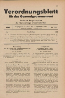 Verordnungsblatt für das Generalgouvernement = Dziennik Rozporządzeń dla Generalnego Gubernatorstwa. 1942, Nr. 70 (3 September)