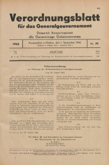 Verordnungsblatt für das Generalgouvernement = Dziennik Rozporządzeń dla Generalnego Gubernatorstwa. 1942, Nr. 71 (1 September)