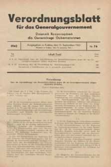 Verordnungsblatt für das Generalgouvernement = Dziennik Rozporządzeń dla Generalnego Gubernatorstwa. 1942, Nr. 74 (15 September)