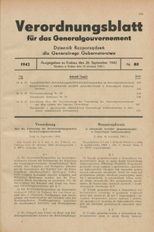 Verordnungsblatt für das Generalgouvernement = Dziennik Rozporządzeń dla Generalnego Gubernatorstwa. 1942, Nr. 80 (28 September)
